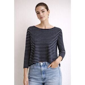 ZARA Women’s Navy White Striped Boat Neck Top-Size Medium